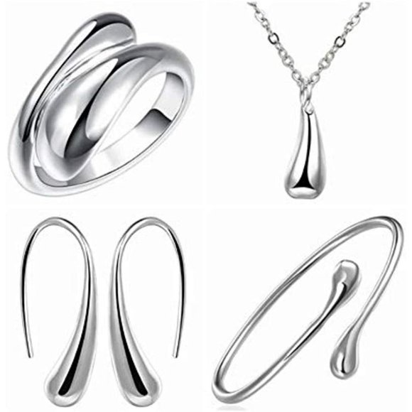 New 4 Pcs 925 Sterling Silver Jewelry Set for Women Teardrop Pendant Nec… - Picture 6 of 8